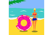 Vector flat illustration. Pretty young girl on a beach near a sea with swim ring donut in swimsuit.