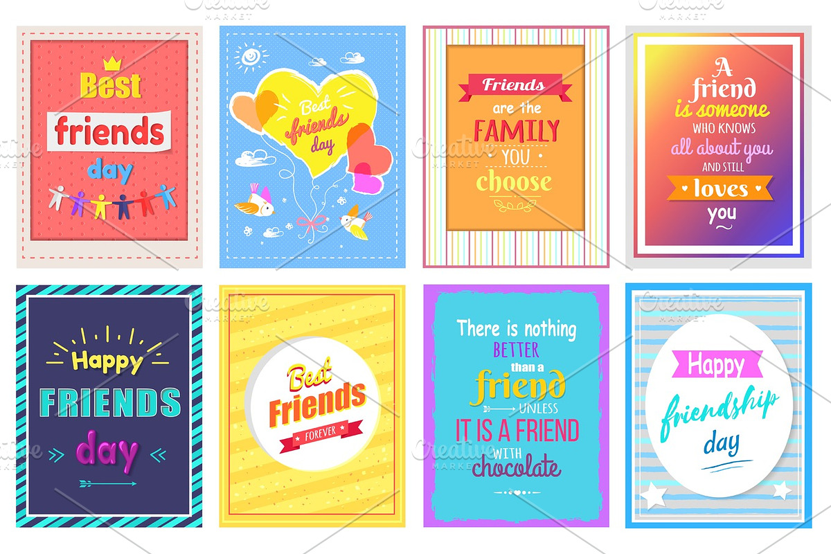 Happy Friendship Day Greeting Cards Colorful Set in Objects - product preview 8
