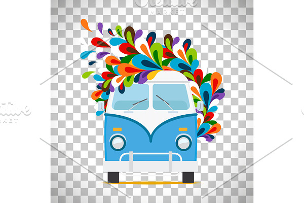Hippie flowers bus on transparent background