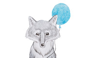 Fluffy cartoon realistic wolf holding a blue balloon