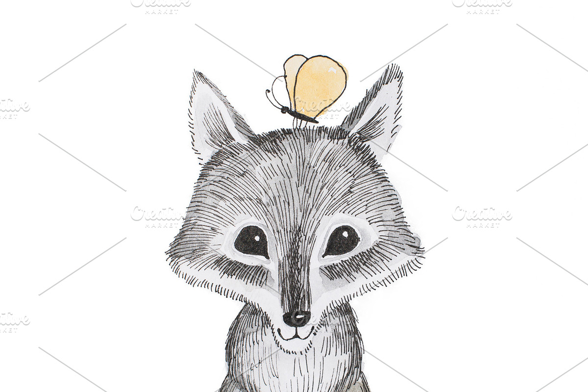 Illustration of cartoon animal. Portrait of cute little wolf cub with a butterfly sitting on his head in Illustrations - product preview 8