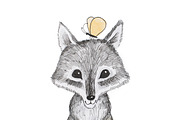 Illustration of cartoon animal. Portrait of cute little wolf cub with a butterfly sitting on his head