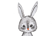 Portrait of hand-drawn cute cartoon grey hare holding a flower isolated on white background