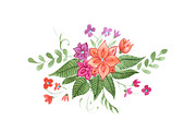 Watercolor floral composition of bright wild flowers and leaves