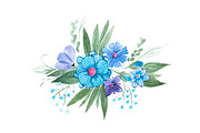 Watercolor illustration of floral composition made of blue wild flowers and leaves hand-drawn