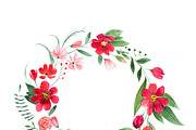 Delicate floral coronet made of pink and red flowers and leaves hand-drawn with watercolor