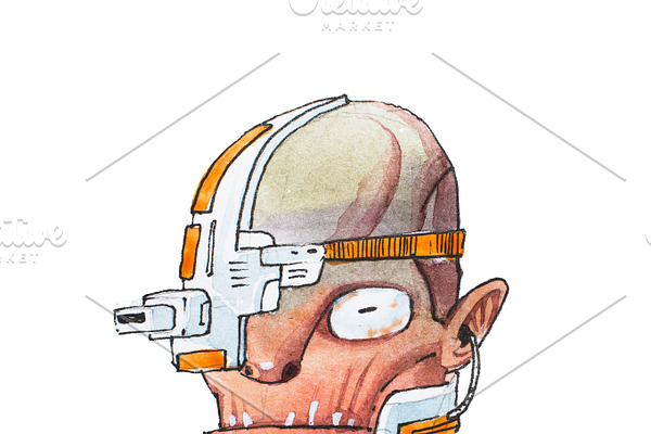 Hand-drawn head of humanoid robot with wrinkled skin and metal electric parts
