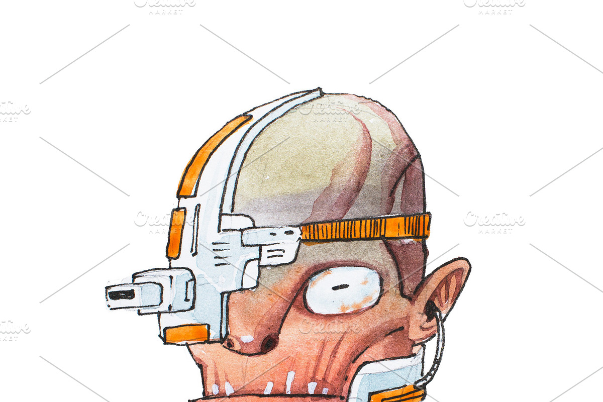 Hand-drawn head of humanoid robot with wrinkled skin and metal electric parts in Illustrations - product preview 8