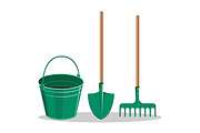 Gardening Bucket, Green Shovel and Rake on White