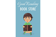 Little Boy in Good Reading Book Store on Blue