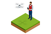 Isometric man with drone quadrocopter, Remote aerial drone with a camera taking photography or video recording. game sevremennaya, isometrics businessman. On a light background. Vector illustration.