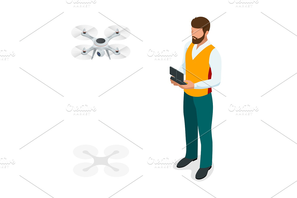 Isometric man with drone quadrocopter, Remote aerial drone with a camera taking photography or video recording. game sevremennaya, isometrics businessman. On a light background. Vector illustration. in Illustrations - product preview 8