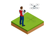 Isometric man with drone quadrocopter, Remote aerial drone with a camera taking photography or video recording. game sevremennaya, isometrics businessman. On a light background. Vector illustration.