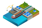 Isometric railway dock, a ferry carrying train wagons. Train on the ferry. Transportation of large loads by sea. Global logistics network. Vector ferryboat