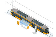 Tram on the stop. Tram stop isometric icon set vector graphic illustration. Vector city Subway train collection. Vehicles designed to carry large numbers of passengers.