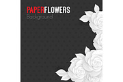 Paper flowers background with place for text, white origami roses