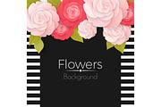 Paper flowers background with stripped frame, black middle and roses
