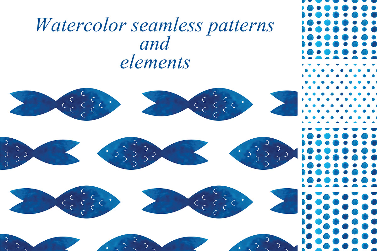 Blue watercolor seamless patterns in Patterns - product preview 8