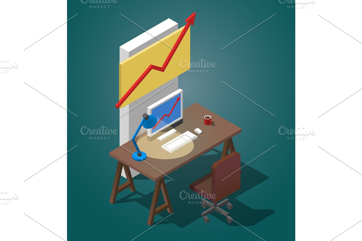 Empty desktop for businessman. Isometric vector illustration. A table with a computer, a cup of coffee, a table lamp. in Illustrations - product preview 8