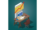 Empty desktop for businessman. Isometric vector illustration. A table with a computer, a cup of coffee, a table lamp.