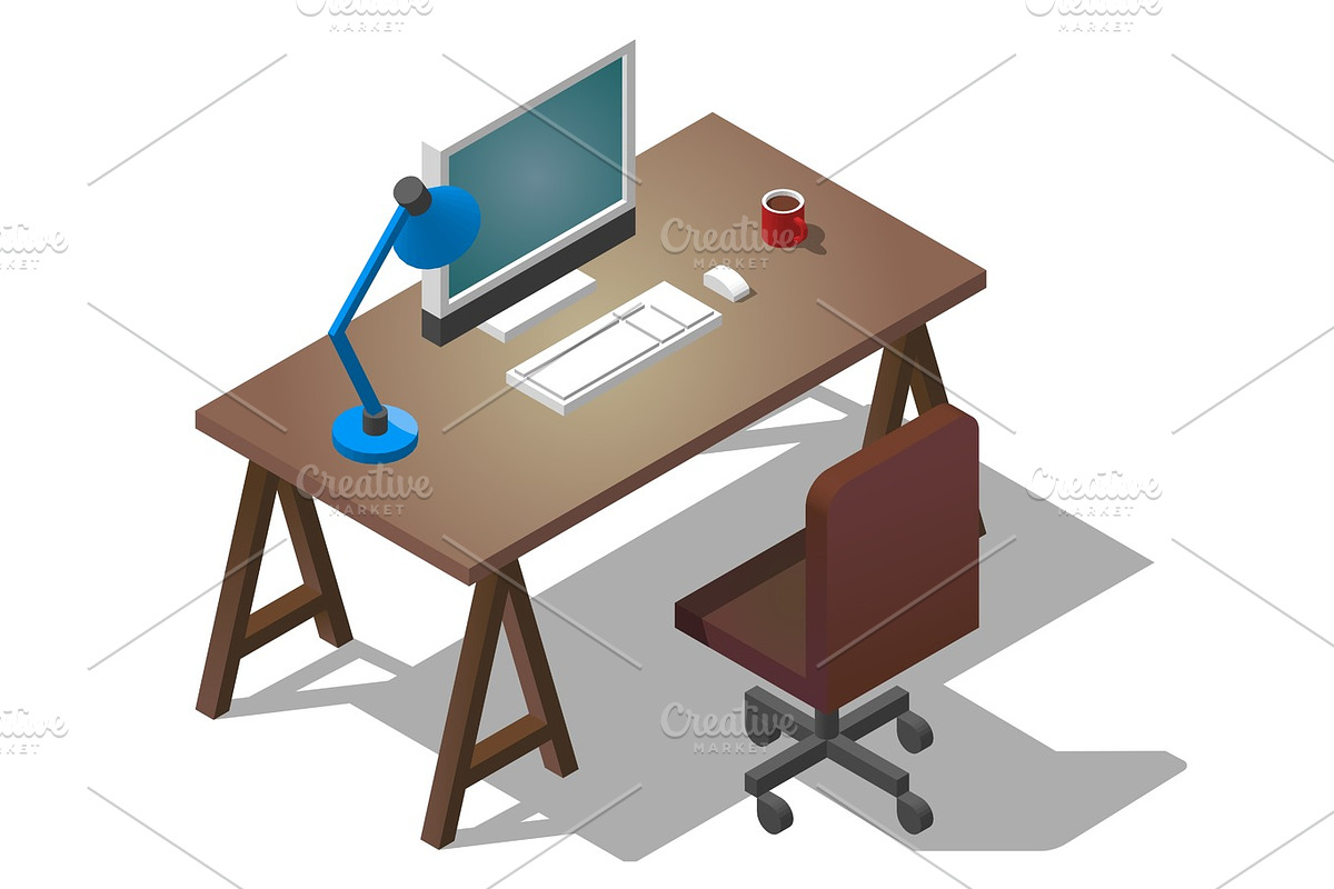 Empty desktop for businessman. Isometric vector illustration. A table with a computer, a cup of coffee, a table lamp. in Illustrations - product preview 8