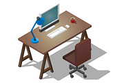 Empty desktop for businessman. Isometric vector illustration. A table with a computer, a cup of coffee, a table lamp.