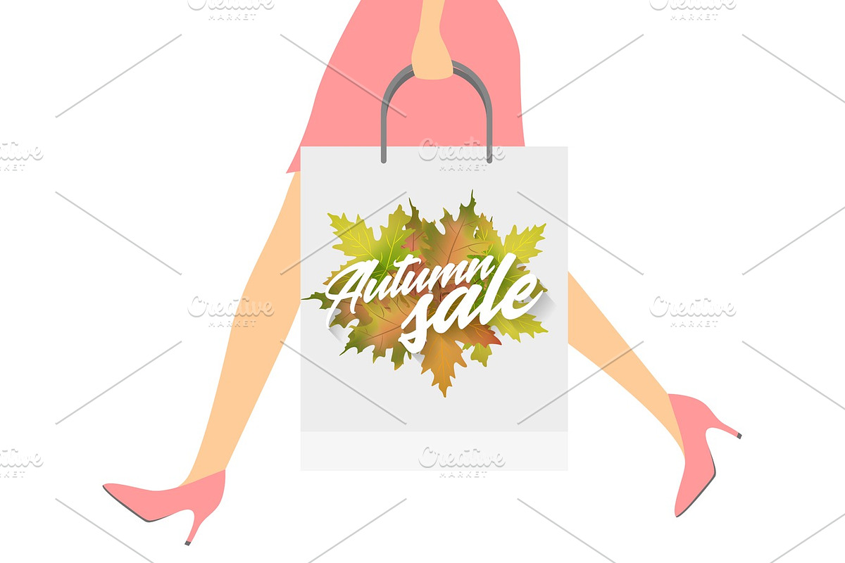 Autumn sale design concept. Woman with paper packets. Vector illustration in Objects - product preview 8