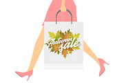 Autumn sale design concept. Woman with paper packets. Vector illustration