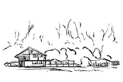Landscape with Trees and village House. Hand drawn sketch.