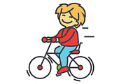 Bicycle, boy riding, children activity, play concept. Line vector icon. Editable stroke. Flat linear illustration isolated on white background