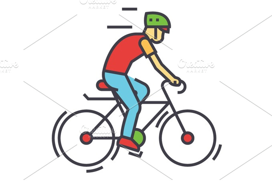 Cyclists, sport bikes, bicycling, bycicle man, cycling competition, race concept. Line vector icon. Editable stroke. Flat linear illustration isolated on white background