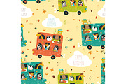 Animals seamless pattern traveling by bus