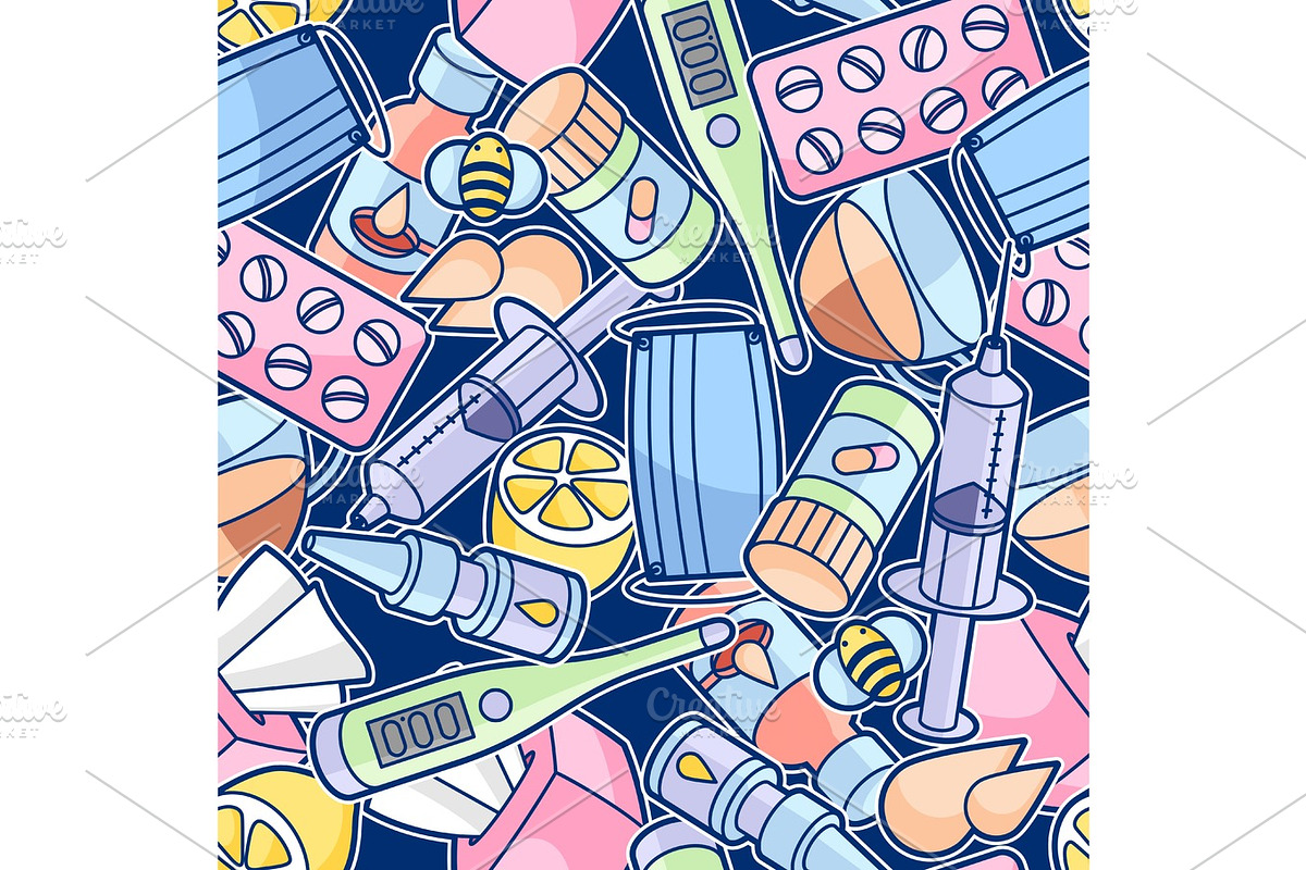 Seamless pattern with medicines and medical objects. Treatment of cold and flu in Patterns - product preview 8