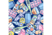 Seamless pattern with medicines and medical objects. Treatment of cold and flu