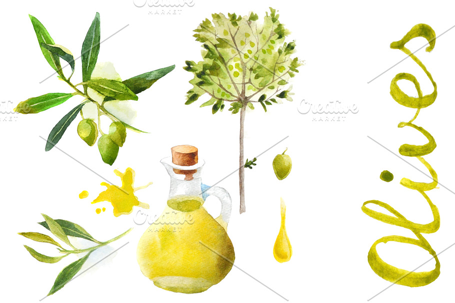 Watercolor olives set in Illustrations - product preview 8