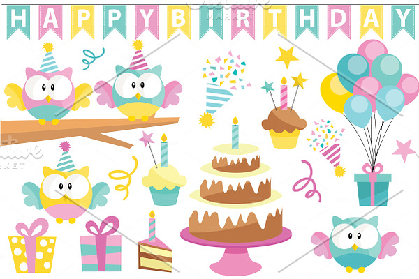 Birthday Owl Clipart and Vector Set