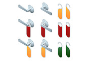 Vector isometric hotel handles with hanging signs. Set of Blank Paper Plastic Door Handle Lock Hangers Isolated on Background