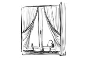 Window and curtains sketch. Interior