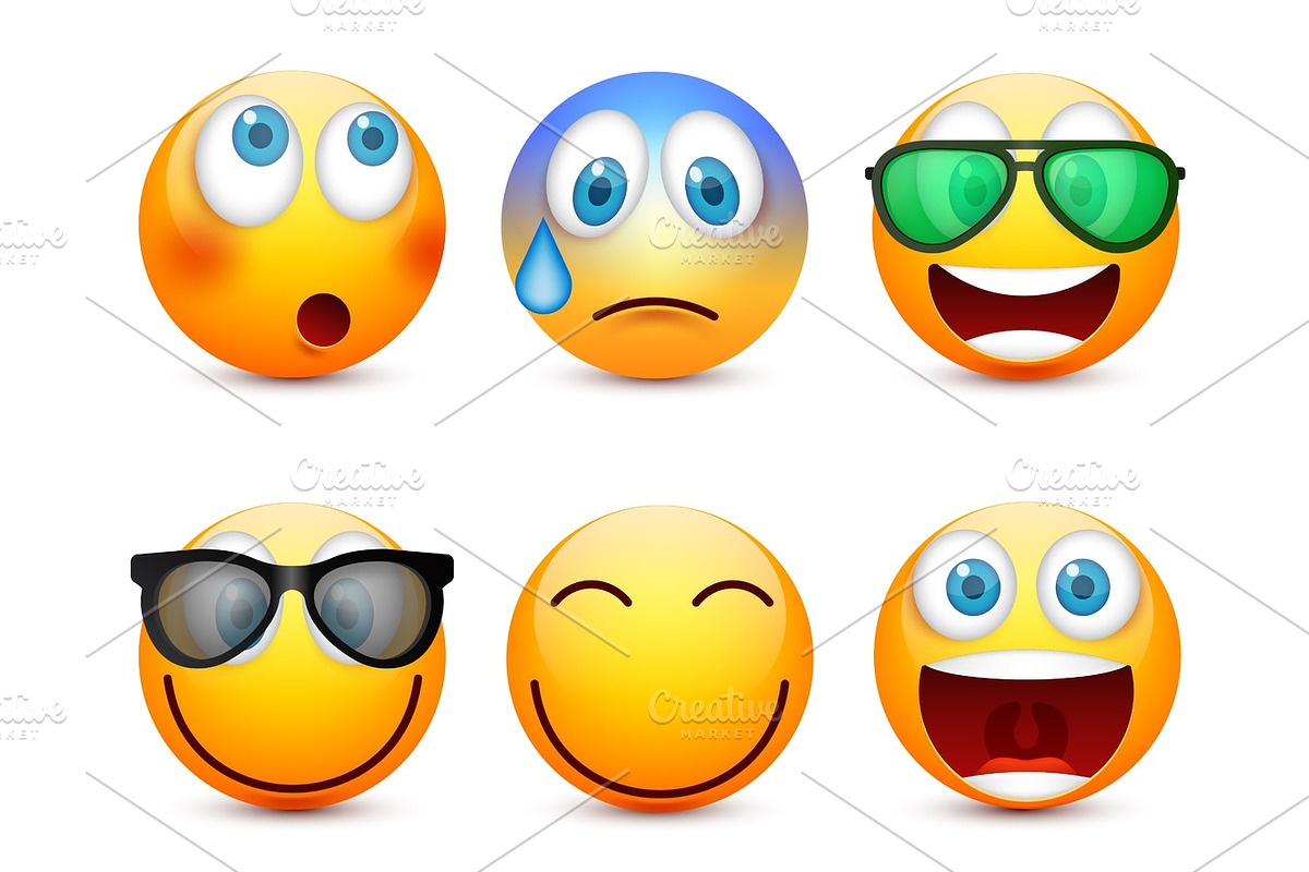 Smiley with blue eyes,emoticon set. Yellow face with emotions. Facial expression. 3d realistic emoji. Sad,happy,angry faces.Funny cartoon character.Mood.Vector illustration. in Objects - product preview 8