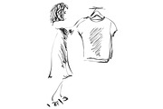 Hand drawn wardrobe sketch. Girl in the showroom