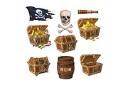 Pirate objects, treasure chests, flag, rum barrel