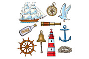 Cartoon nautical elements, vector illustration