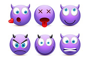 Smiley with blue eyes,emoticon set. Violet face with emotions. Facial expression. 3d realistic emoji. Sad,happy,angry faces.Funny cartoon character.Mood.Vector illustration.