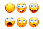 Smiley with blue eyes,emoticon set. Yellow face with emotions. Facial expression. 3d realistic emoji. Sad,happy,angry faces.Funny cartoon character.Mood.Vector illustration.