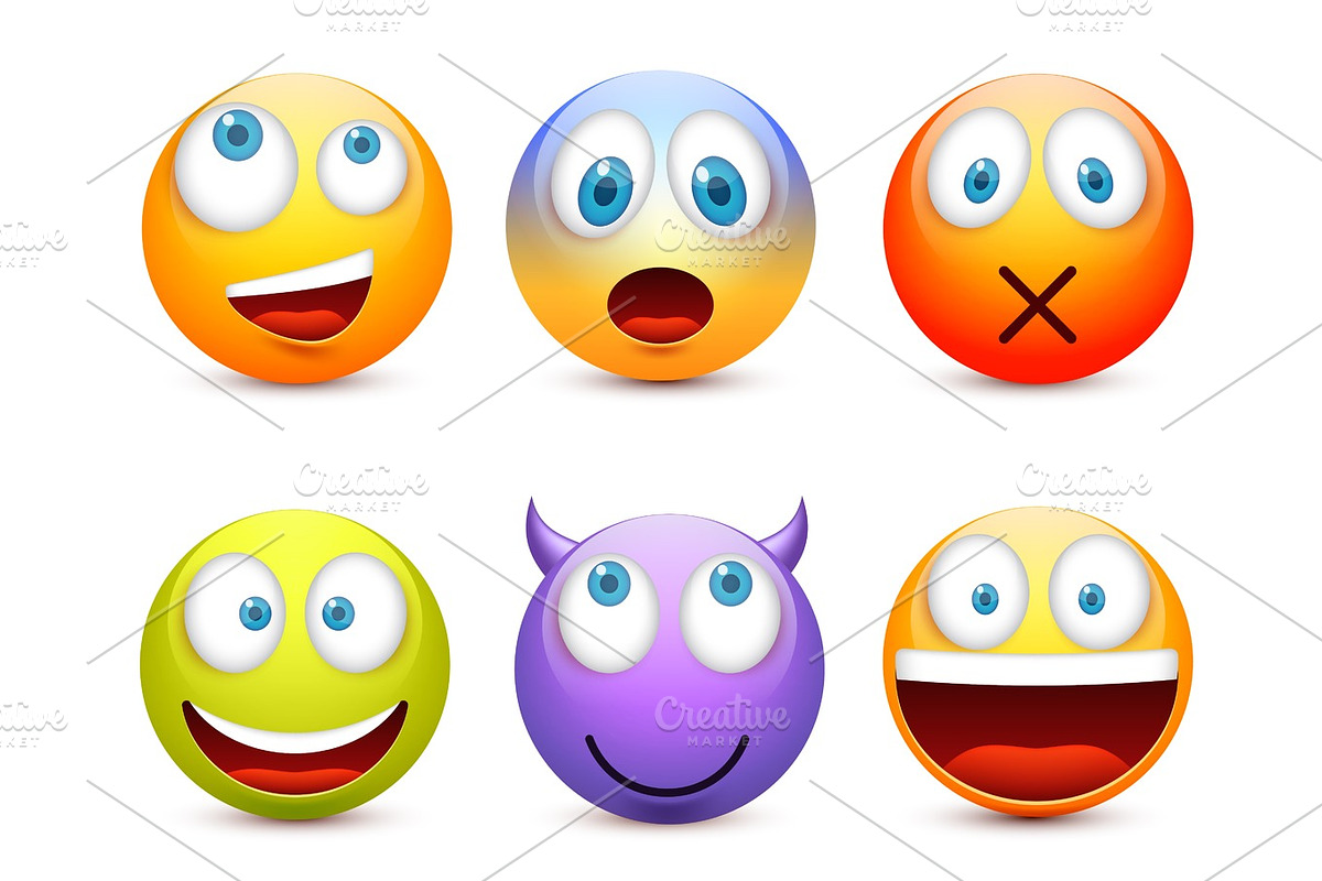 Smiley with blue eyes,emoticon set. Yellow face with emotions. Facial expression. 3d realistic emoji. Sad,happy,angry faces.Funny cartoon character.Mood.Vector illustration. in Objects - product preview 8