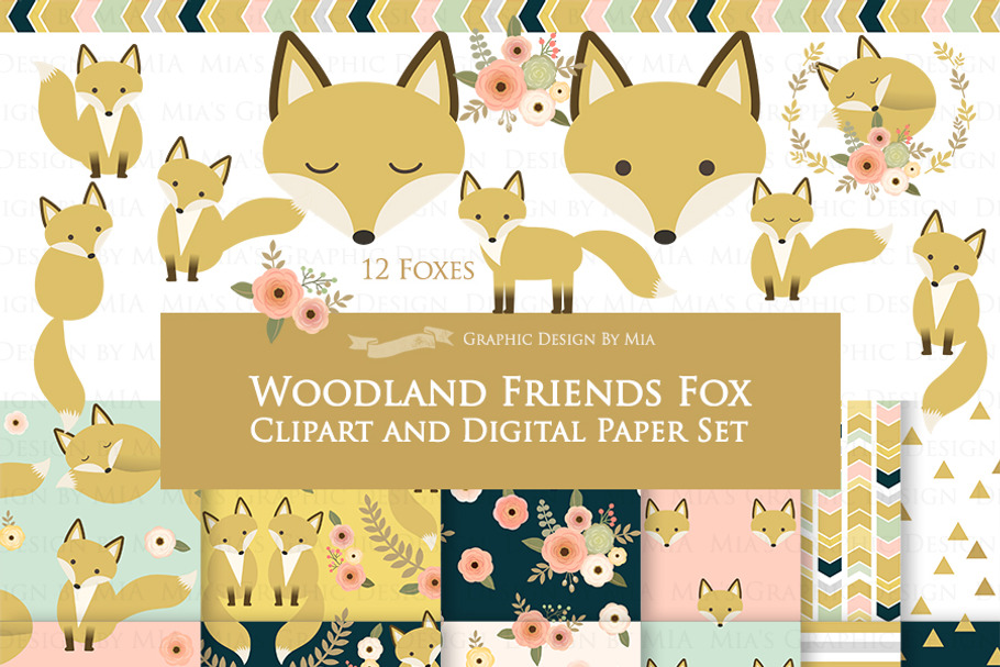 Flat Gold Fox Clipart+Pattern