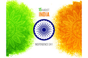 Creative Indian Independence Day concept with ashoka wheel and pattern in national flag tricolors.