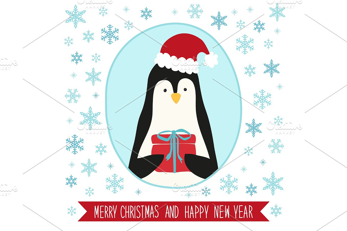 Cute retro card with funny cartoon character of penguin in Objects - product preview 8