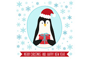 Cute retro card with funny cartoon character of penguin