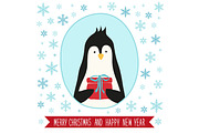 Cute retro card with funny cartoon character of penguin